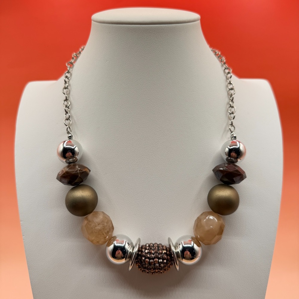 Chunky Beaded Statement Necklace Brown Bronze & Silver Tone Rhinestone Boho Gift